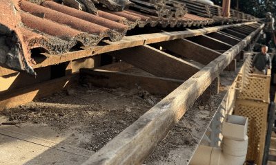 Roof edge stripped back after an old all-in-one Nu-Line section was removed, showing bare rafter ends with no fascia